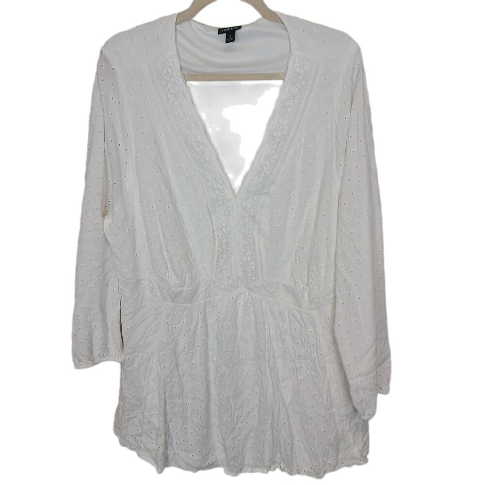 Torrid Top Babydoll Top Eyelet Blouse White Blouse Womens 3X Long Sleeves Top